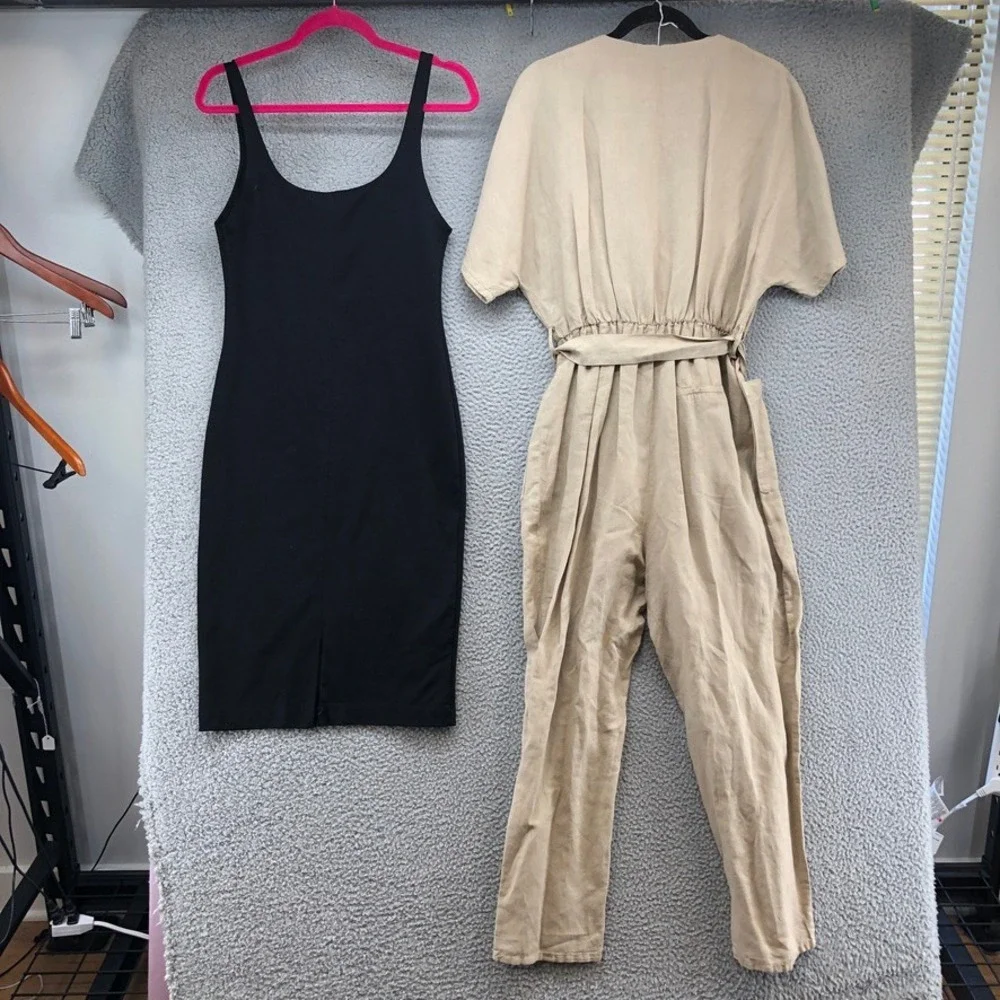 Zara Jumpsuit Dress Bundle Womens Large Beige Black Linen Blend Belted Summer